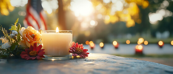 Honor veterans day with a memorial ceremony featuring american flags and candles