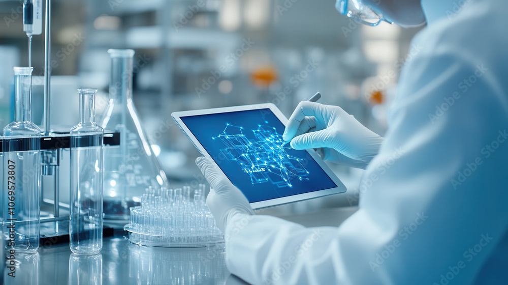 Poster innovative laboratory scene with scientist using tablet to analyze data. environment features glassw