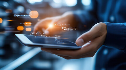 person using tablet in industrial setting, showcasing technology and innovation. scene conveys sense of modernity and efficiency in workplace