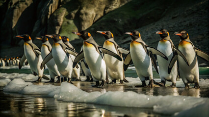 Obraz premium king penguin colony. penguin, bird, penguins, antarctica, animal, wildlife, animals, nature, snow, cold, ice, white, king, polar, birds, emperor, standing, winter, cute, antarctic, emperor penguin, ar