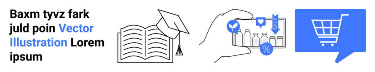 Open book with graduation cap, hand holding mobile phone analyzing data, shopping cart icon. Ideal for education, e-commerce, online shopping, data analysis, mobile apps, technology, modern learning