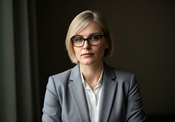 Portrait of a woman in a gray blazer