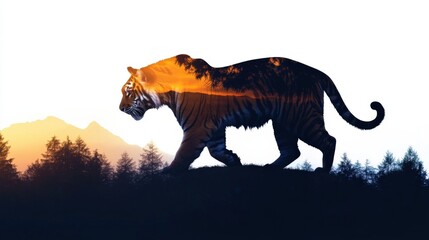 Double exposure of a majestic tiger walking over a forest landscape, blending nature and wildlife in a captivating artistic composition.