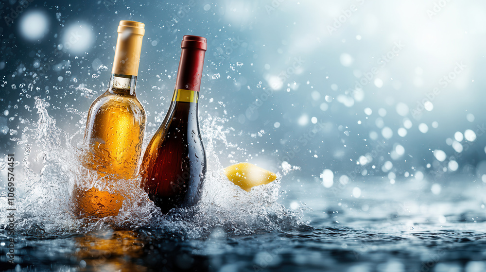 Poster two wine bottles amidst splashes of water, creating refreshing scene with lemon. vibrant colors and 