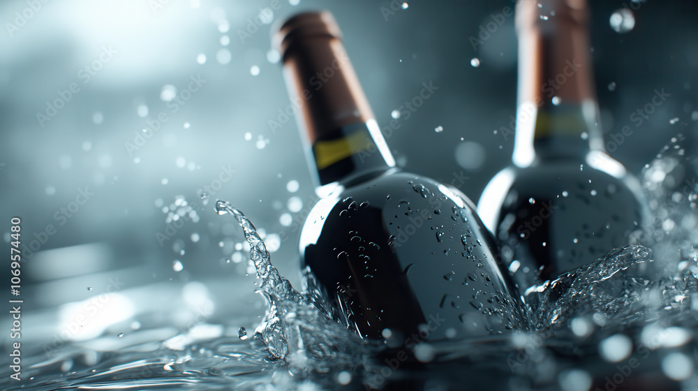 Poster two wine bottles amidst splashes of water create dynamic scene, capturing essence of refreshment and