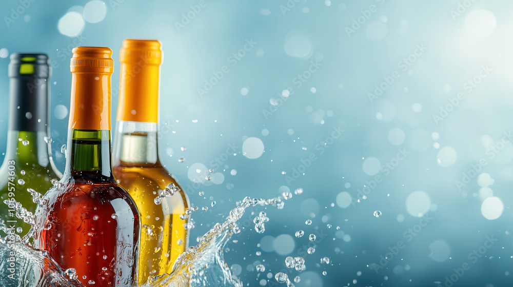 Poster refreshing wine bottles with splashes of water creating ripples in vibrant setting. scene captures e