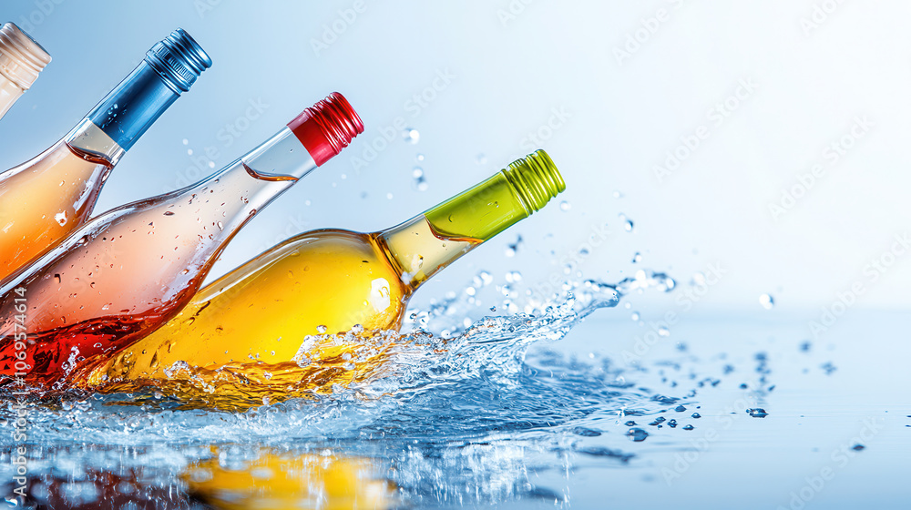 Poster fresh wine bottles in vibrant colors create dynamic water splashes, forming ripples on serene surfac