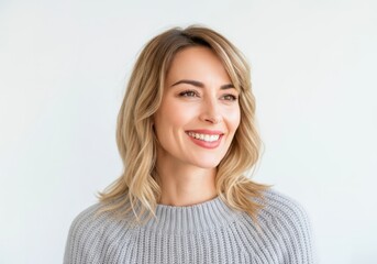 Obraz premium Portrait of smiling blonde woman in gray sweater looking to the side