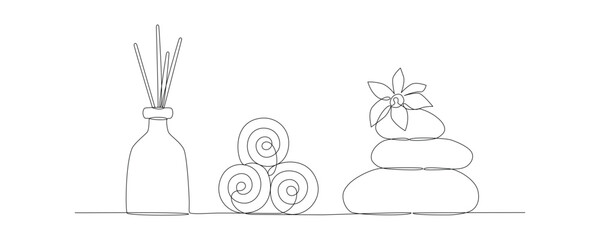 Zen, balance and harmony concept, wellness and spa treatments, stones, towels, lotus flower and aroma diffuser with sticks, drawn with continuous line in minimalism, editable vector contour.