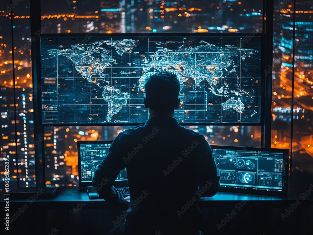 Fototapete A hacker sits in front of multiple computer screens, looking at a world map with data points, working in a room with a view of a city skyline at night.