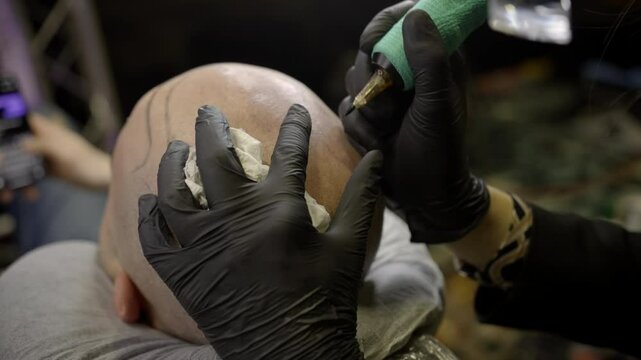 Close up shots of Scalp micropigmentation, also known as a hair tattoo, can cover bald spots or thinning hair without surgery