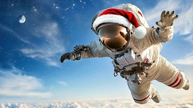 Festive Hat Wearing Santa Floating Among Stars in Space, Embracing Holiday Spirit