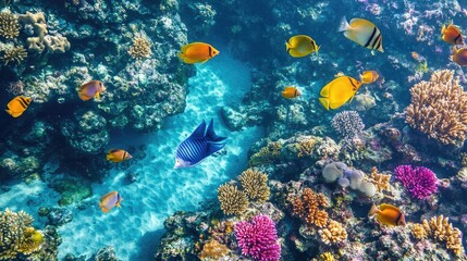 Fototapeta premium Vibrant Coral Reef with Colorful Fish Underwater Scene