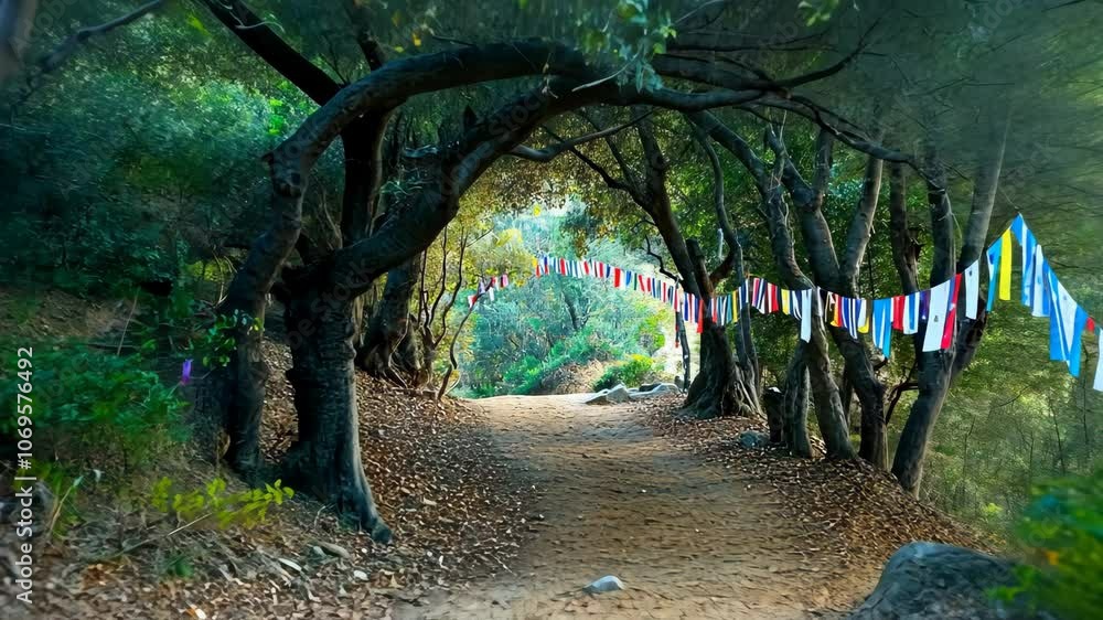 Poster a dirt path winds through a grove of trees decorated with colorful flags