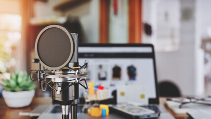 3D Rendering of Podcast Microphone in Home Office Setting..
