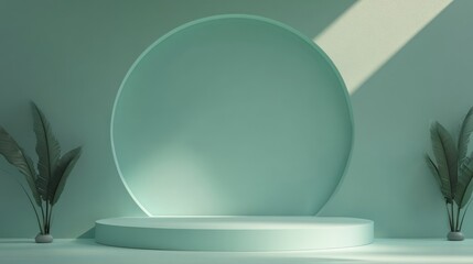 Minimalist Green Platform with Tropical Plants and a Circular Wall Feature