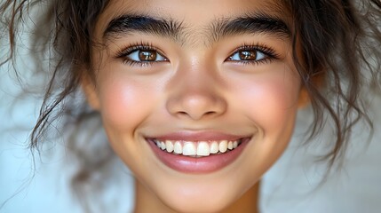 The close up shot captures the persons face beaming with joy and excitement, their eyes shining brightly with happiness as they smile with genuine delight.