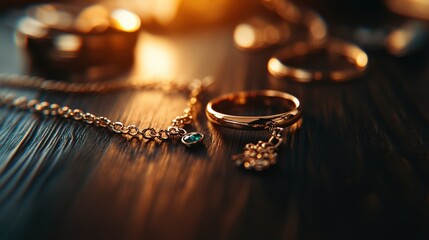Elegant gold jewelry, including a ring and necklace, beautifully arranged on a dark wooden surface with warm lighting.