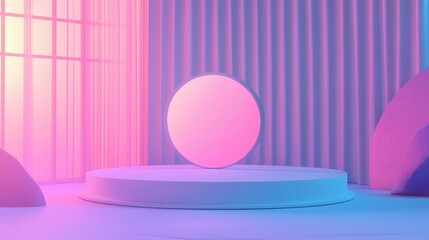 Neon-lit Abstract Display with Circular Platform and Geometric Shapes