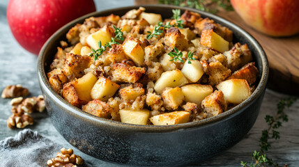 Savory apple stuffing with walnuts, a delicious Thanksgiving side dish.