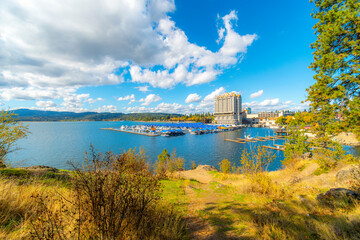 View from Tubbs Hill hiking trail and park of downtown and the lakefront resort district on Lake Coeur d'Alene in Coeur d'Alene, Idaho, in the North Idaho Panhandle region.