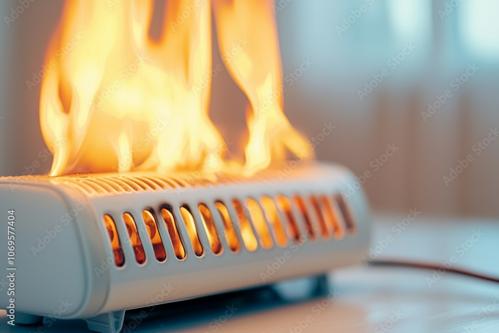 Poster a white heater with a red cord is on a table