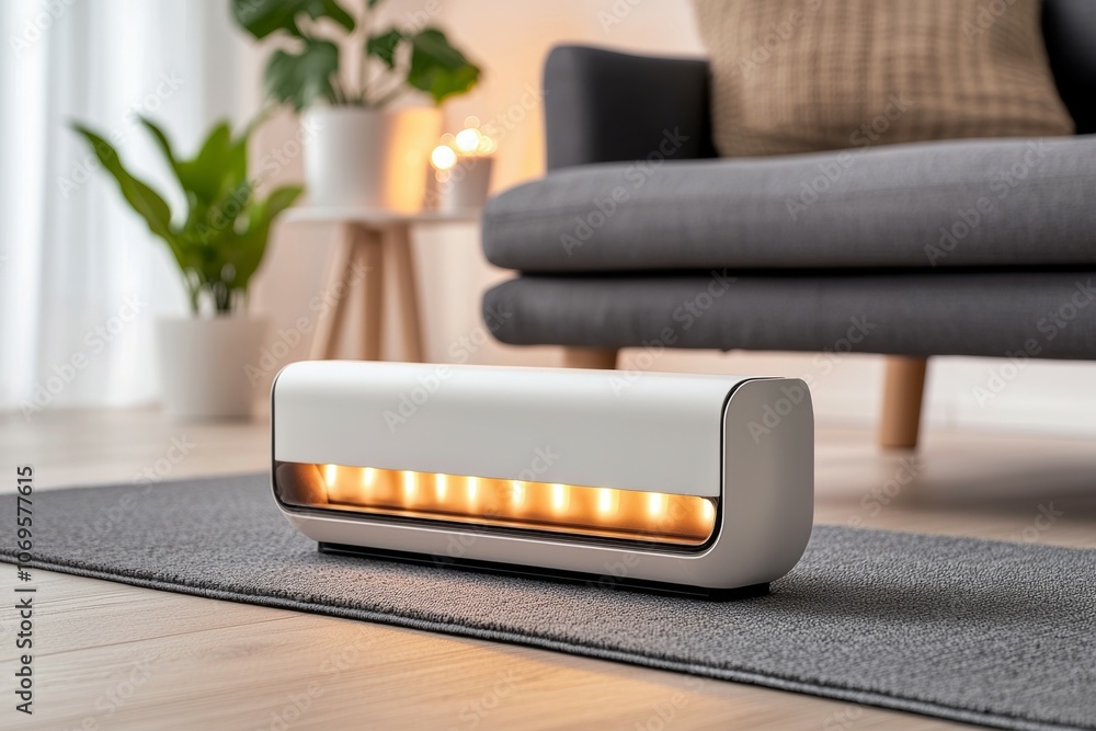 Poster a white box with a light on it sits on a carpeted floor in front of a couch