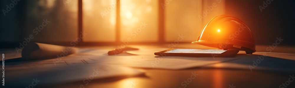 Poster a cozy, softly lit workspace featuring papers and a glowing orange object, creating a warm and invit