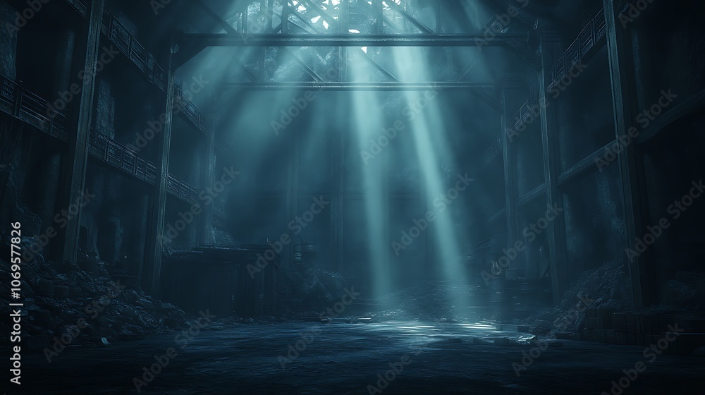Poster a dimly lit, abandoned space illuminated by beams of light, creating an eerie atmosphere filled with