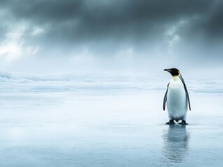 Fototapeta premium Solitary Emperor Penguin on Frozen Ice Landscape