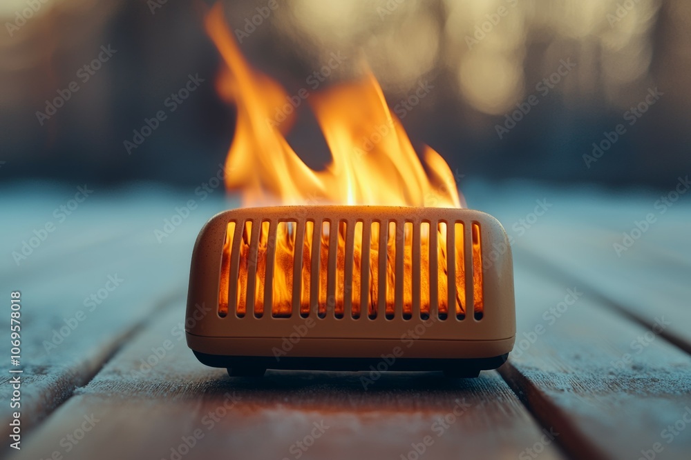 Poster a small device with a fire burning inside of it