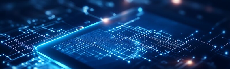 A close-up of a digital interface featuring vibrant blue lights and interconnected data points, representing advanced technology and data visualization.