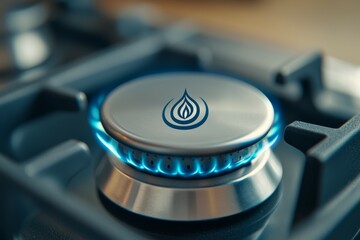 A silver stove burner with a blue flame and a water drop on top