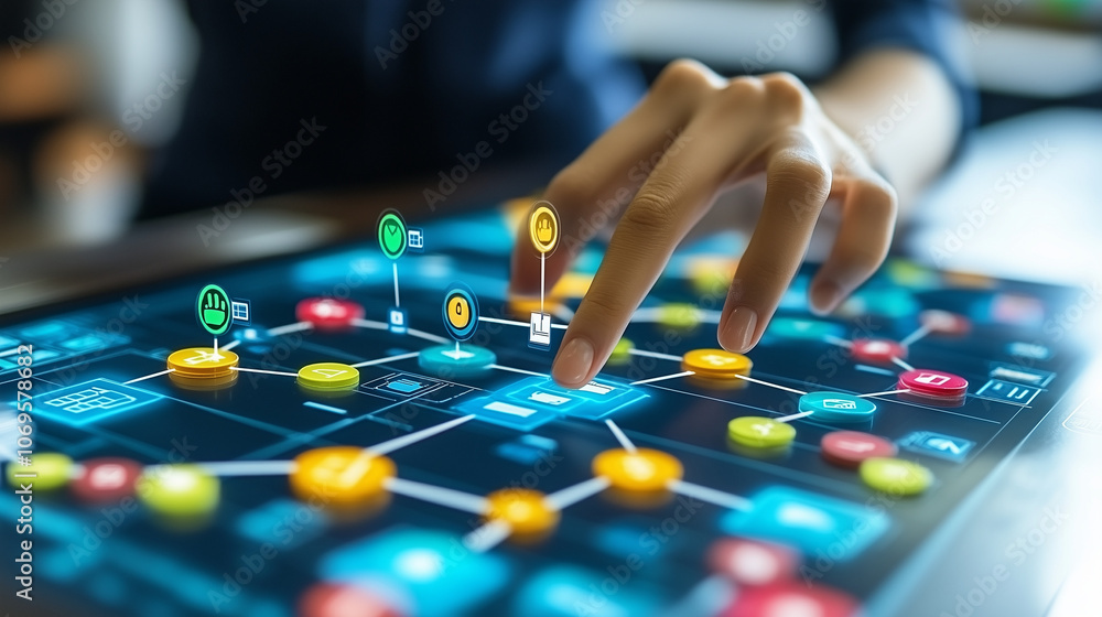 Poster navigating the digital landscape: a hand interacts with a digital network on a tablet, showcasing th