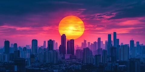 Fototapeta premium A large, orange sun sets behind a cityscape with a pink and purple sky.