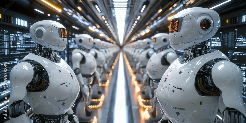 Aufkleber a line of humanoid robots stand in a futuristic hallway, facing forward with their heads turned to t