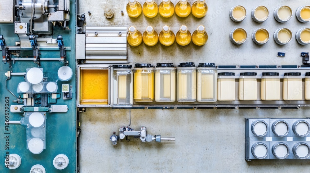 Poster beverage production line with bottles and jars