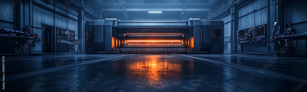Aufkleber a dimly lit industrial space features machinery and an illuminated central area, creating a futurist