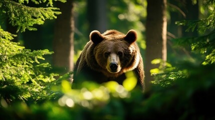 Fototapeta premium Majestic brown bear emerges from lush forest, illuminated by soft sunlight. Captures the serene beauty and mystery of wildlife in nature.
