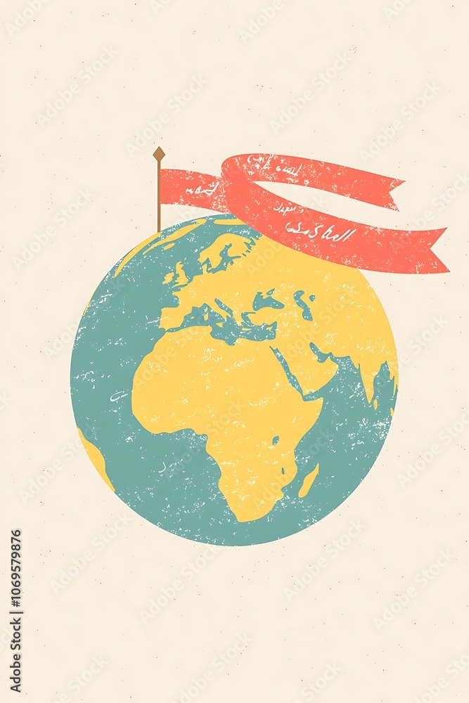 Poster a colorful drawing of a globe with a red ribbon and a flag on top