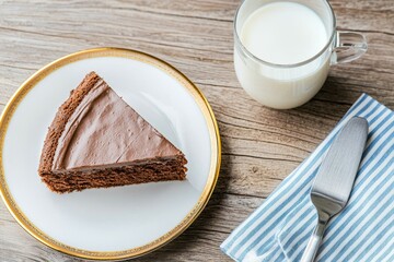 A slice of chocolate cake on a white plate next to a glass of milk