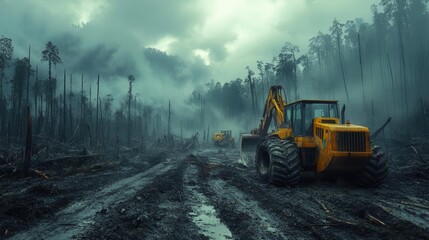 heavy machinery aggressively felling trees in a desolate forest, underscoring the urgent need for conservation efforts, with space left for impactful text