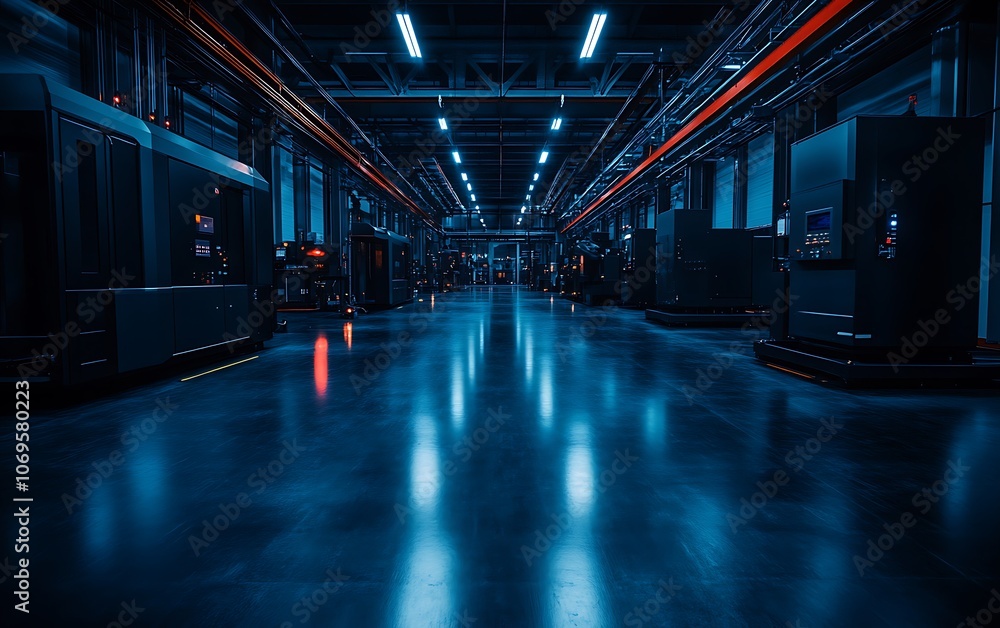 Aufkleber A futuristic, dimly lit data center with sleek lines, showcasing rows of machinery and illuminated by blue and red lights.