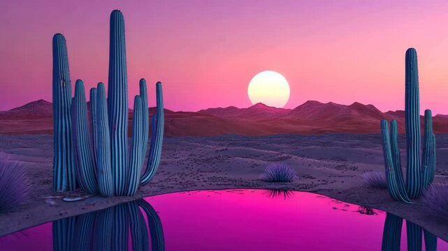 A vibrant sunset paints the desert sky with shades of pink and purple, illuminating tall cacti and a shimmering pink pool of water