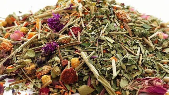 Colorful mix of dried leaves, flowers, and berries creates a caffeine free herbal tea blend bursting with natural goodness, perfect for relaxation and wellness