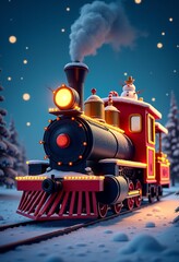 Magical Christmas Train Journey: Illuminated Steam Engine Through Snowy Winter Wonderland at Night, Starry Sky Background, Festive Decorations 