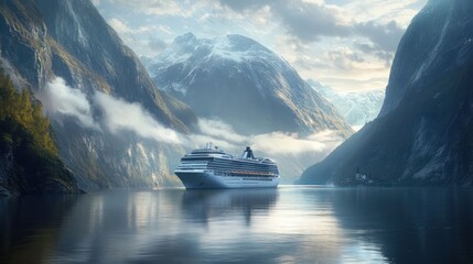 A majestic cruise ship navigates through a serene fjord surrounded by towering mountains.