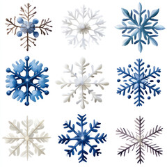 Fototapeta premium Beautiful watercolor snowflakes in various designs and shades of blue and white create serene winter atmosphere. Perfect for seasonal decorations or crafts