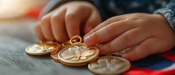 Children honor veterans by touching their medals of pride