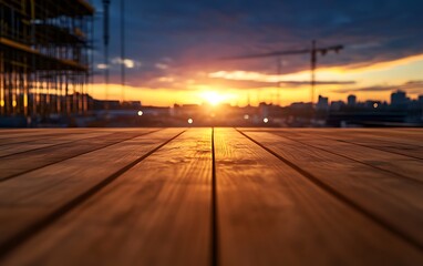 Fototapeta premium A wooden deck at sunset with construction cranes silhouetted against a colorful sky.